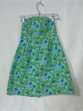 Vintage Lily Pulitzer Green Alligator-Print A-Line strapless dress.  Size 2.